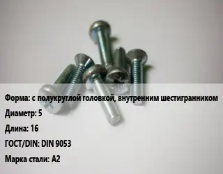 Винт с полукруглой головкой, внутренним шестигранником 5х16 DIN 9053 Сталь: А2